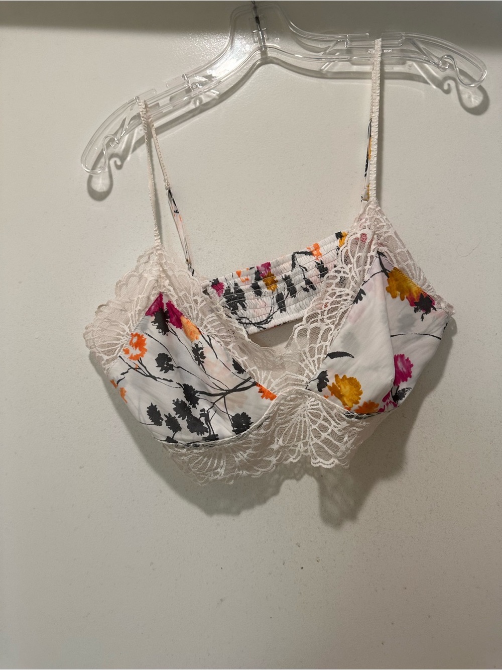 Natori White Floral Lace Bralette with Pink & Orange Floral Accents Size XL
